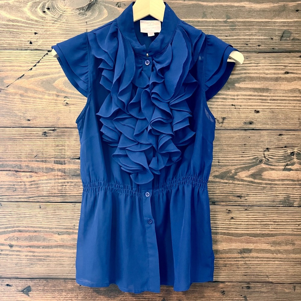 Romeo & Juliet Couture Ruffle Blouse Women L Blue Romantic Party Feminine Office